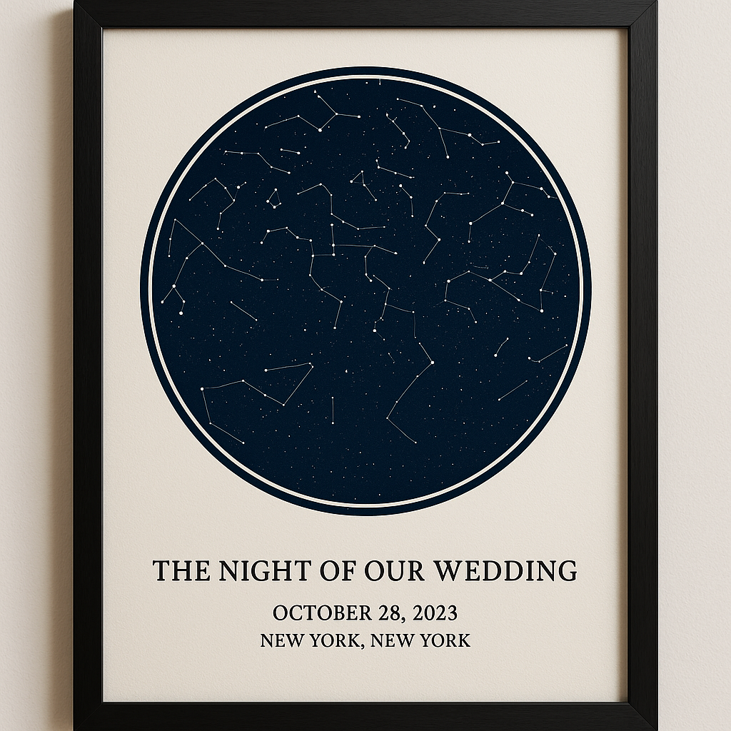 A professionally framed custom star map print showing constellations on a wedding night. Alt: Custom star map print first anniversary commemorating a special date.