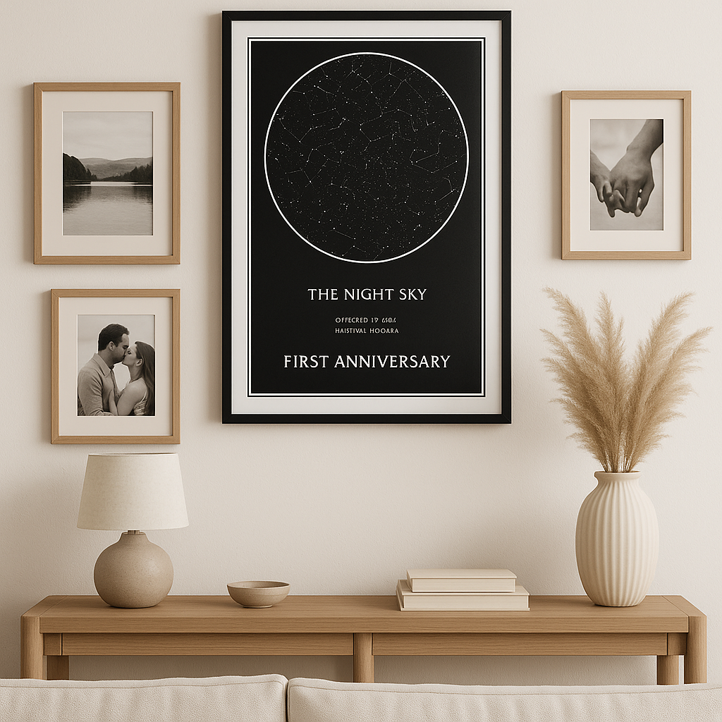 A stylish living room wall featuring a framed custom star map print first anniversary along with complementary photos and decor. Alt: Stylish home decor with custom star map print first anniversary centerpiece.