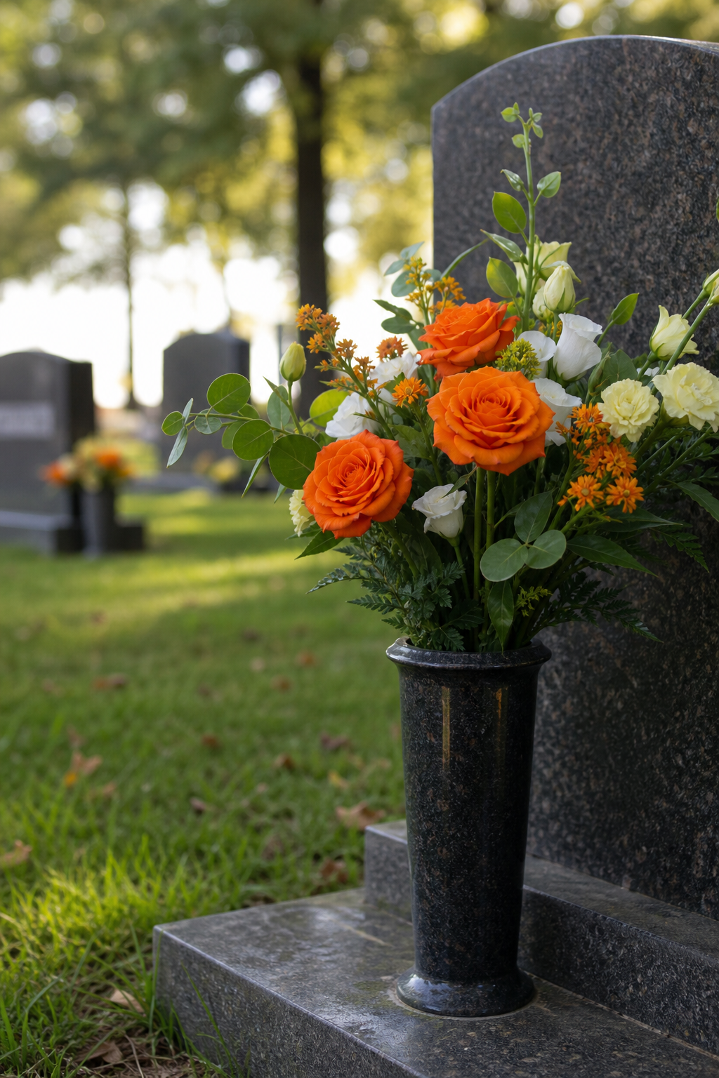 A photorealistic image related to cemetery-vase-flowers. Alt: cemetery-vase-flowers