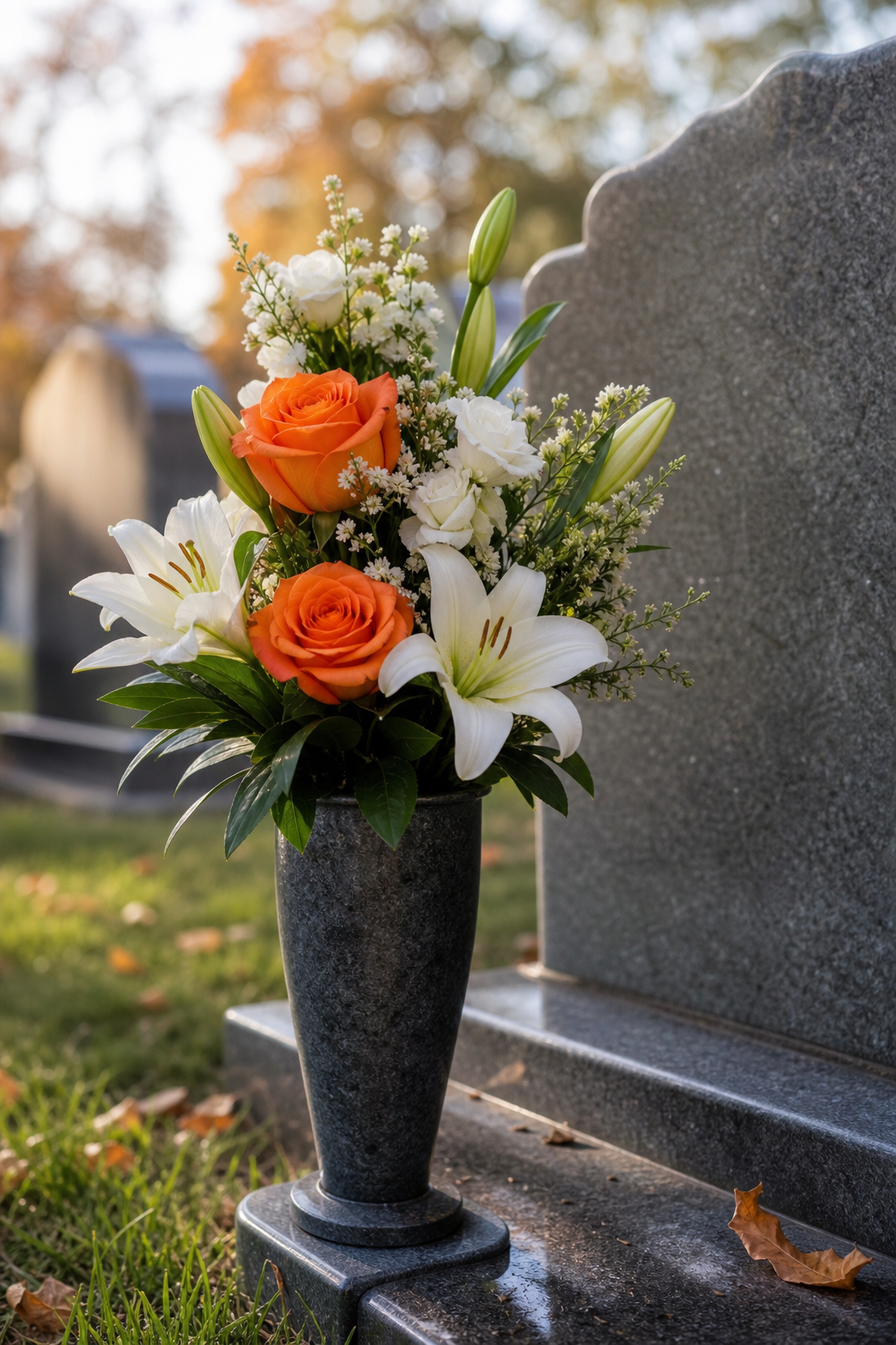 A photorealistic image related to cemetery-vase-flowers. Alt: cemetery-vase-flowers