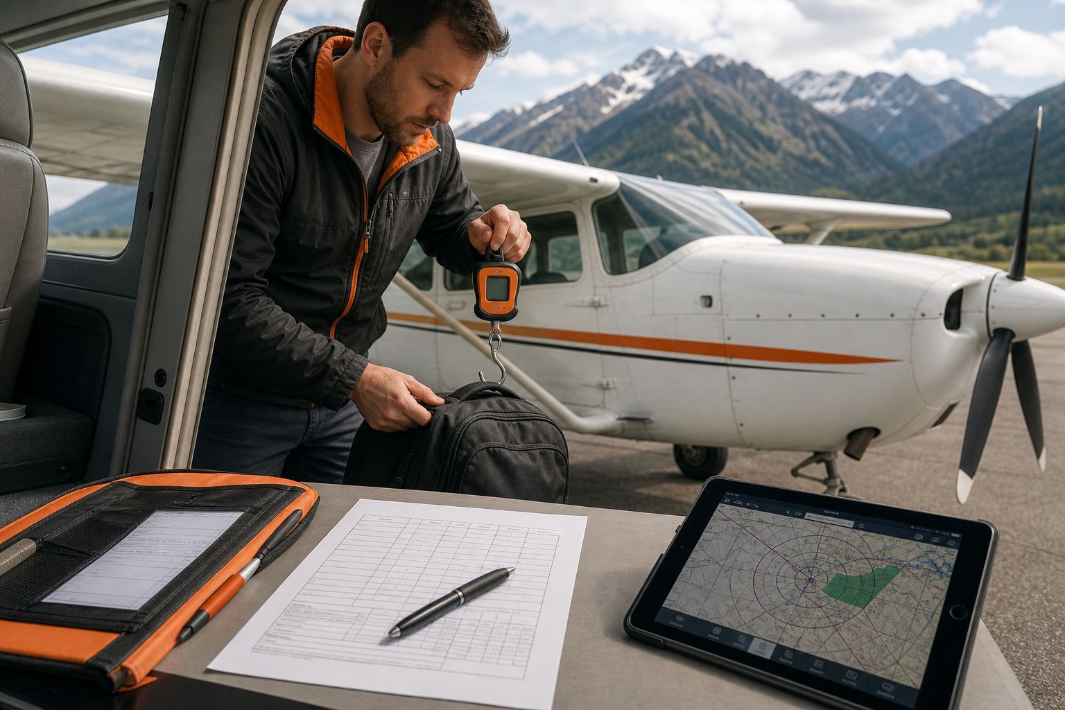 Pilot calculating Cessna 172 useful load, fuel, and passenger capacity.