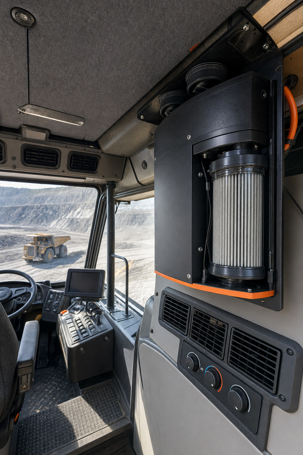 A photorealistic wide-angle shot inside a large mining haul truck cab showing a CF2 cab pressurizer unit mounted above the HVAC console, with visible filtration housing and operator controls in the background. The environment is rugged and industrial. Alt: CF2 cab pressurizer installed in heavy mining equipment cab by Polar Mobility Research Ltd.