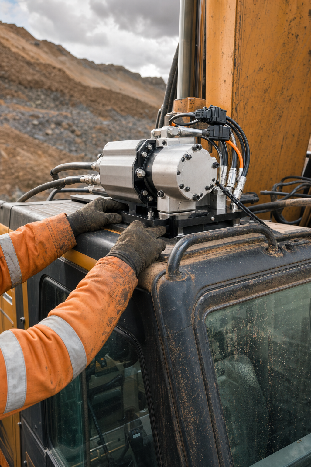 A photorealistic close-up of a CF2 pressurizer unit being mounted to the exterior roof bracket of a large excavator cab, with hydraulic hose routing and electrical connectors visible in a rugged construction site environment. Alt: CF2 pressurizer hydraulic-driven integration on heavy excavator cab in mining environment.