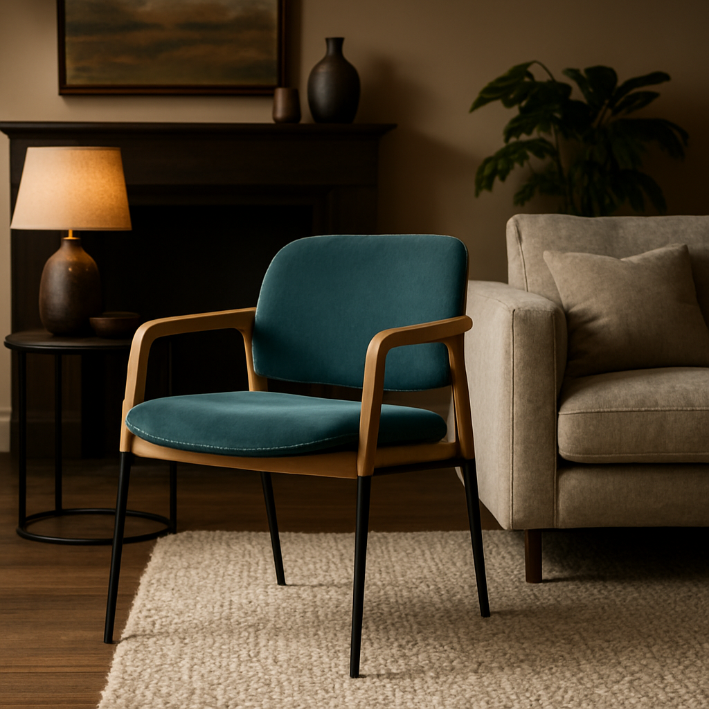 A stylish British living room featuring a mixed‑material chair – sleek black metal legs, a soft teal velvet seat, and a light‑stained wooden frame, placed beside a plush sofa and a textured rug. Alt: Luxury chair integrated into a modern home décor theme.