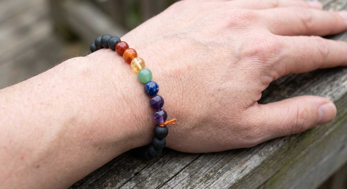 A close‑up of a hand wearing a handcrafted Shungite chakra bracelet, natural stone beads glinting against skin, soft daylight, realistic style, alt=