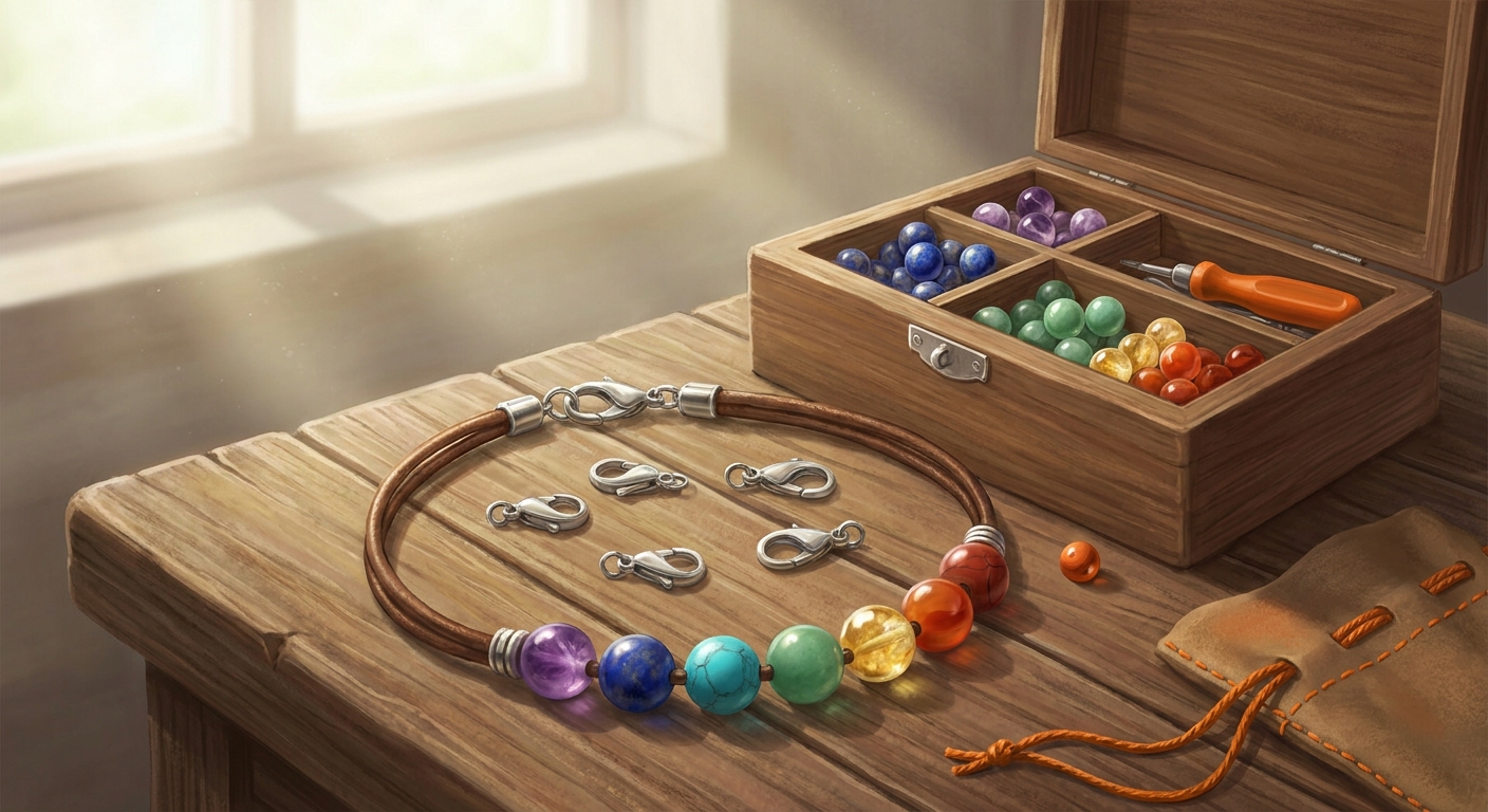 A stylized illustration of a customizable chakra bracelet with interchangeable gemstone beads, laid out on a wooden surface with soft natural light, alt=