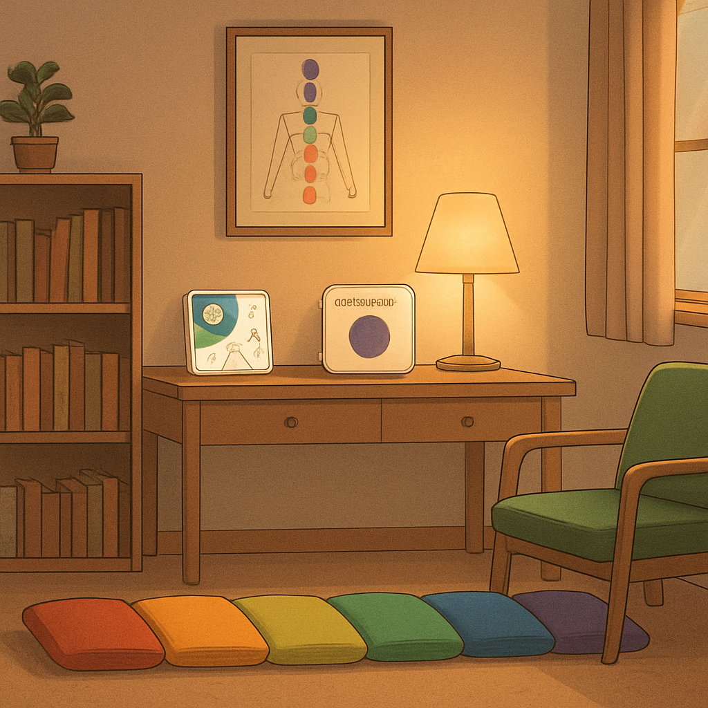 A tranquil study room with soft lighting and colored cushions, reflecting balanced chakra colors. Alt: Chakra color therapy setting