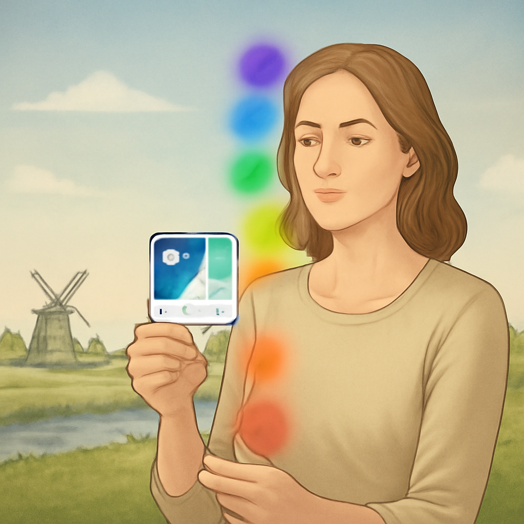 A serene woman holding a Healy device with glowing chakra colors in the background, subtle Dutch countryside in the distance. Alt: Chakra healing with Healy device