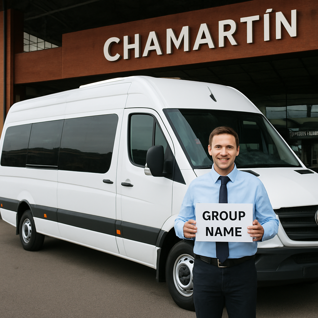 A modern minibus parked at Chamartín station with a friendly driver holding a sign with a group’s name. Alt: chamartin station group transfer minibus madrid