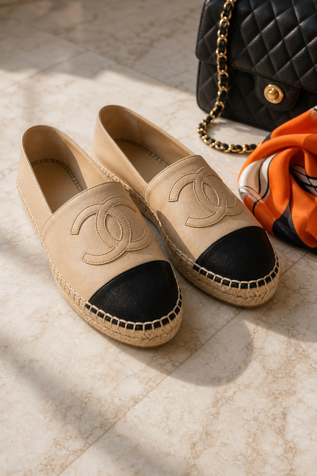 A realistic photo of a Chanel espadrille on a sun‑lit marble floor, showing the rope sole and soft leather upper. Alt: Chanel espadrille comfort and design detail