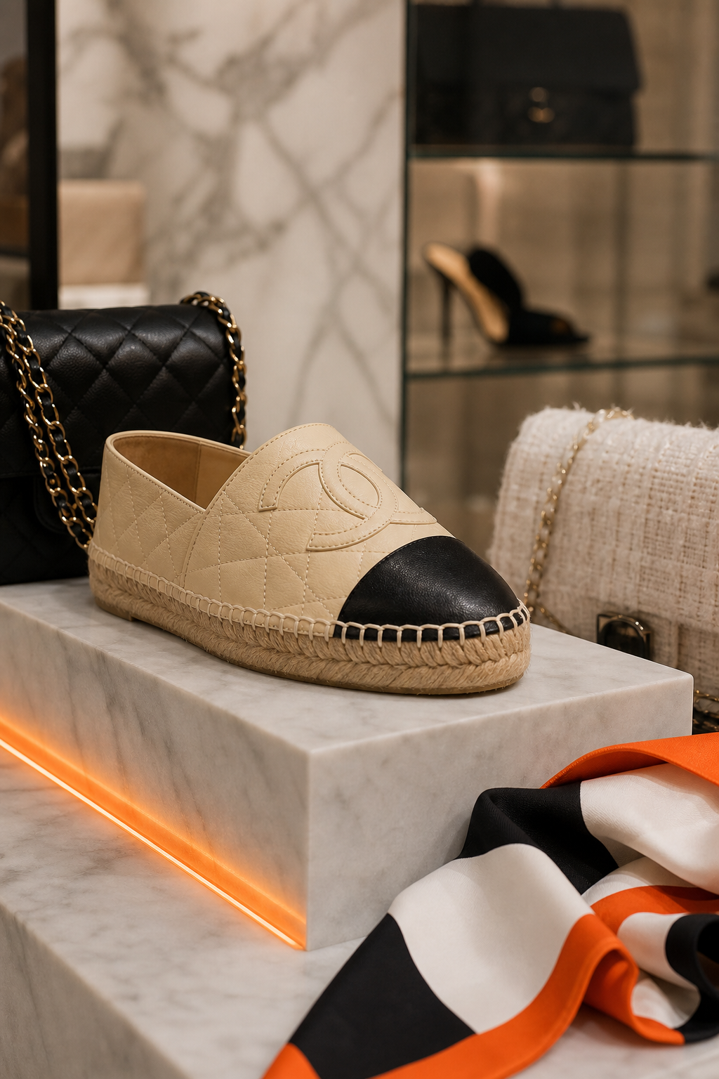 A realistic editorial‑style shot of a Chanel espadrille displayed on a sleek marble plinth, with subtle orange lighting accent. Alt: Authentic Chanel espadrilles in a luxury boutique setting