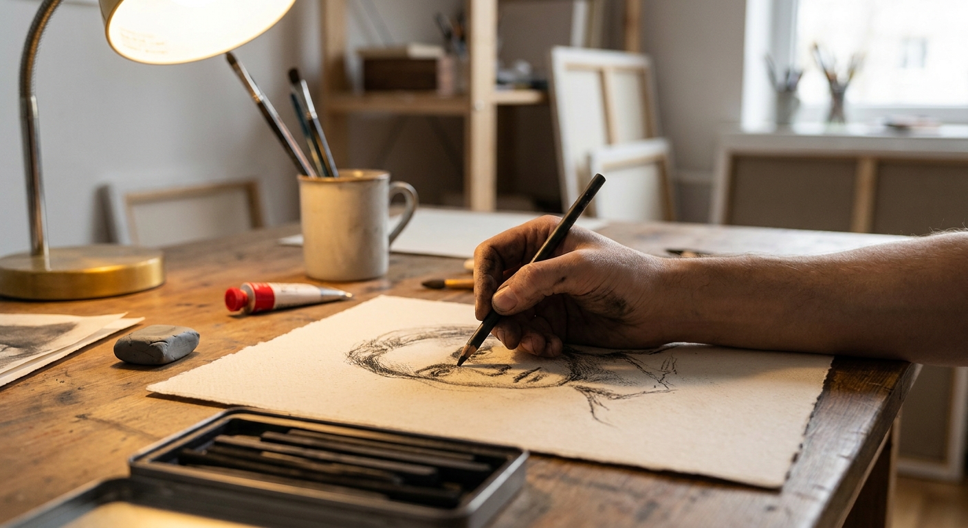 A realistic studio scene with an artist’s hand holding a charcoal pencil, sketching on textured paper, warm light spilling over the desk. Alt: charcoal pencils for artists in use on sketch paper
