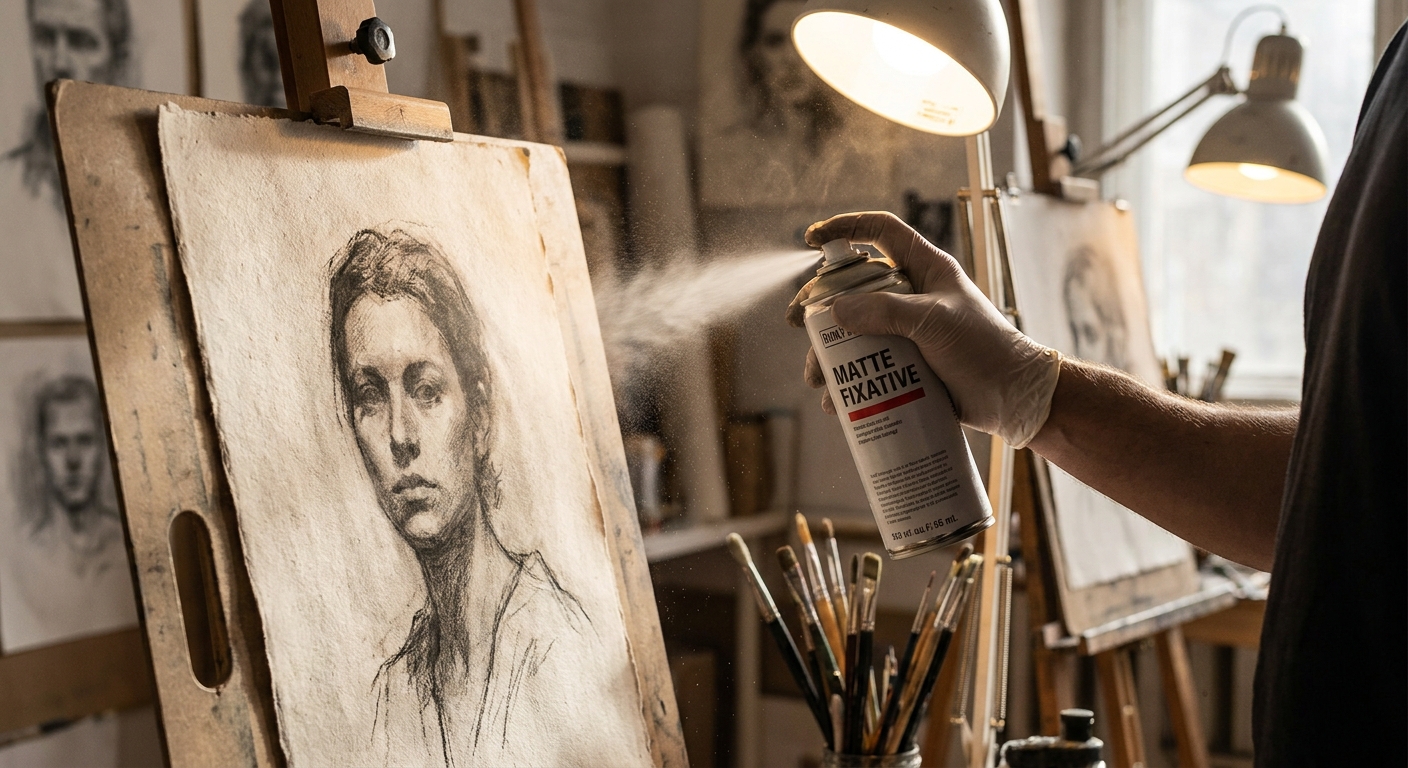 A realistic close‑up of an artist spraying a matte fixative over a charcoal drawing on textured paper, studio lights highlighting the fine dust. Alt: fixative application for charcoal drawings