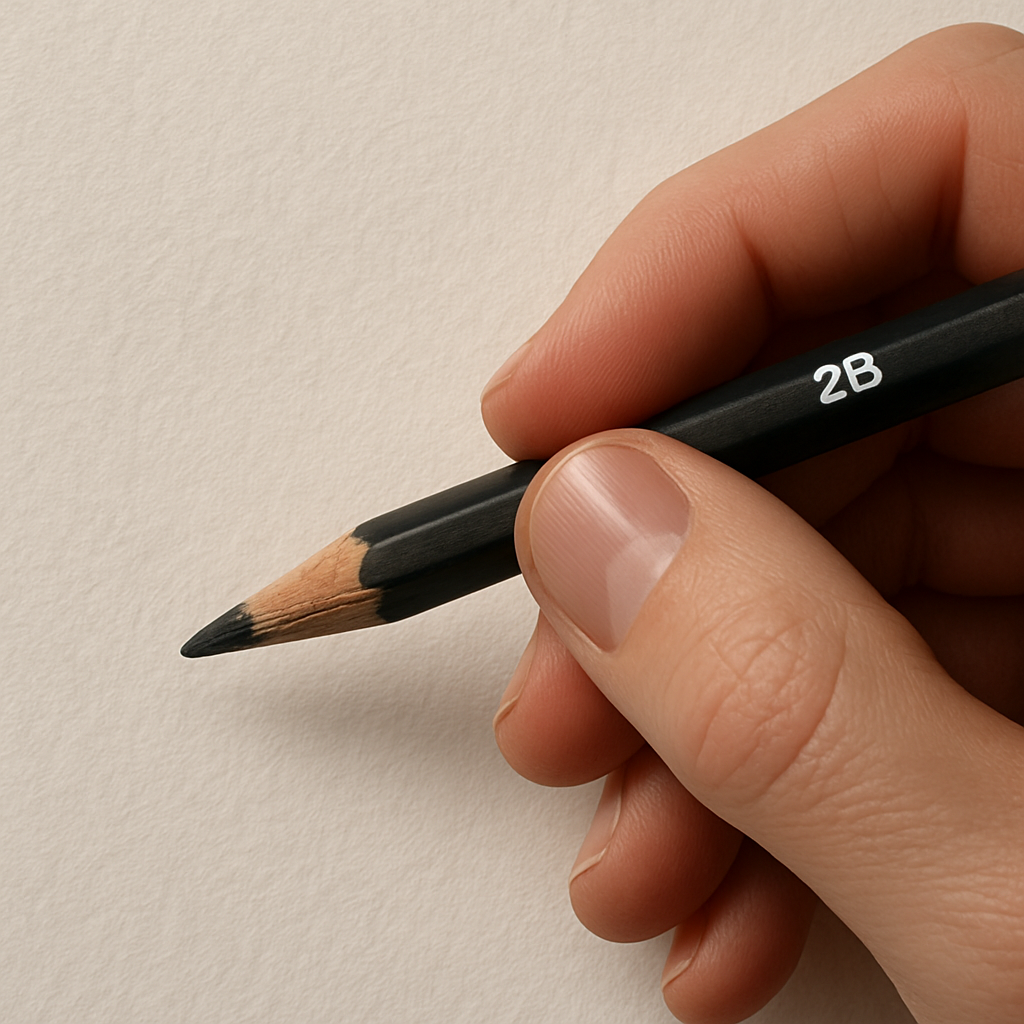 A photorealistic close‑up of a hand holding a 2B charcoal pencil, showing the textured wood and soft lead against a sheet of medium‑weight sketch paper. Alt: Choosing the right charcoal pencil for beginners, realistic style.