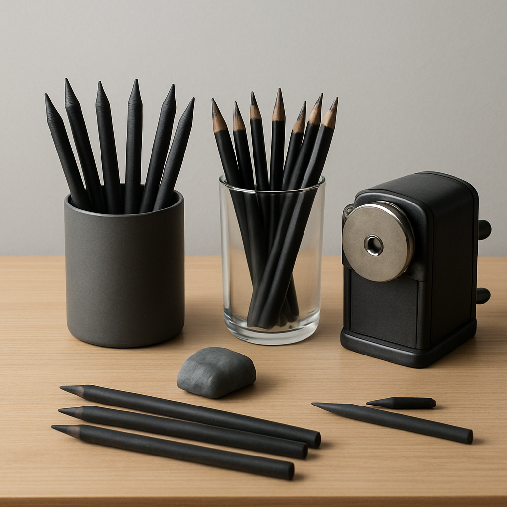 A neatly organized artist's desk showing separate containers for charcoal pencils, graphite pencils, a hand‑crank sharpener, and a kneaded eraser. Alt: Organized workspace for maintaining charcoal and graphite pencils.