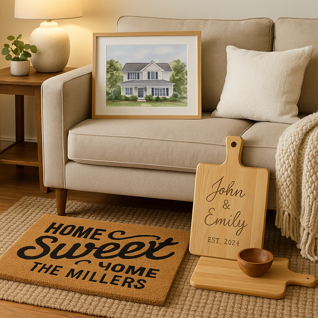 A cozy living room scene featuring personalized gifts like custom doormats, engraved cutting boards, and a watercolor house portrait. Alt: Personalized New Home gift ideas enriching cozy living spaces.