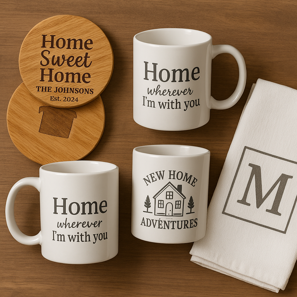 A selection of affordable personalized housewarming gifts including engraved coasters, custom mugs, and monogrammed dish towels. Alt: Budget-friendly personalized New Home gift options.