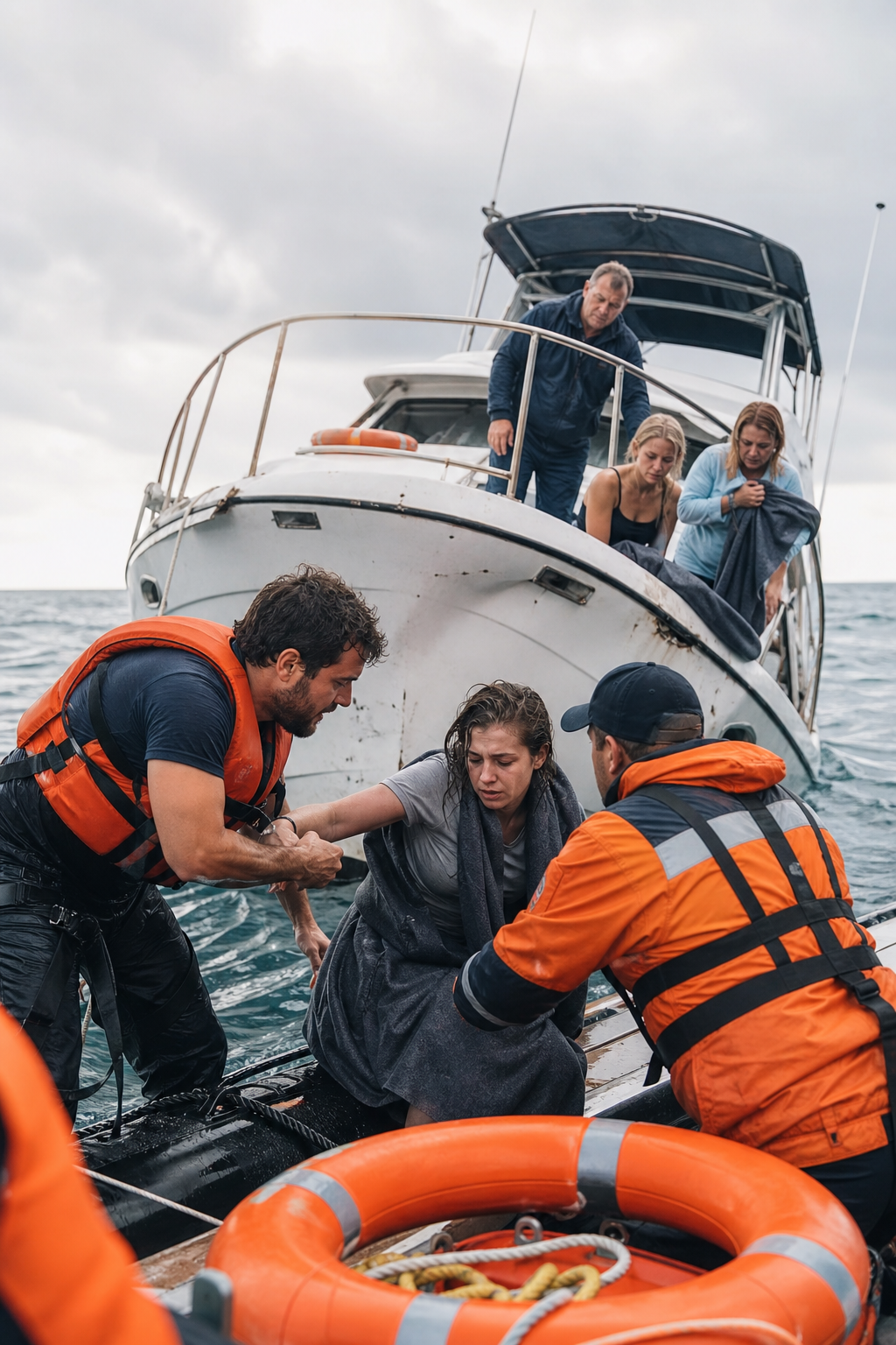 A photorealistic illustration of a boat accident scene with rescue personnel assisting passengers, safety equipment visible, alt: steps after charter boat accident