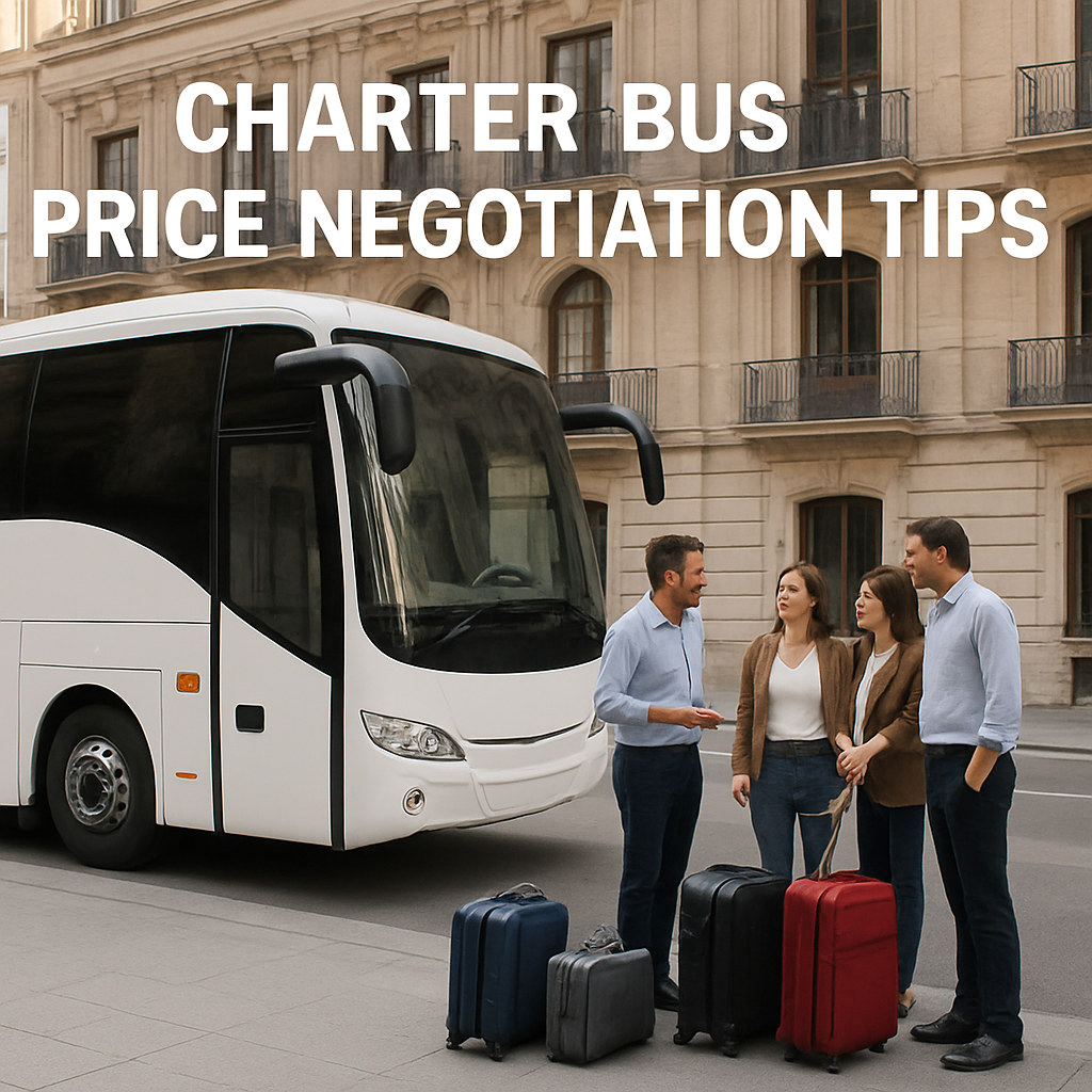 A modern charter bus parked beside a historic Madrid building, passengers chatting and luggage stacked neatly. Alt: charter bus price negotiation tips visual guide
