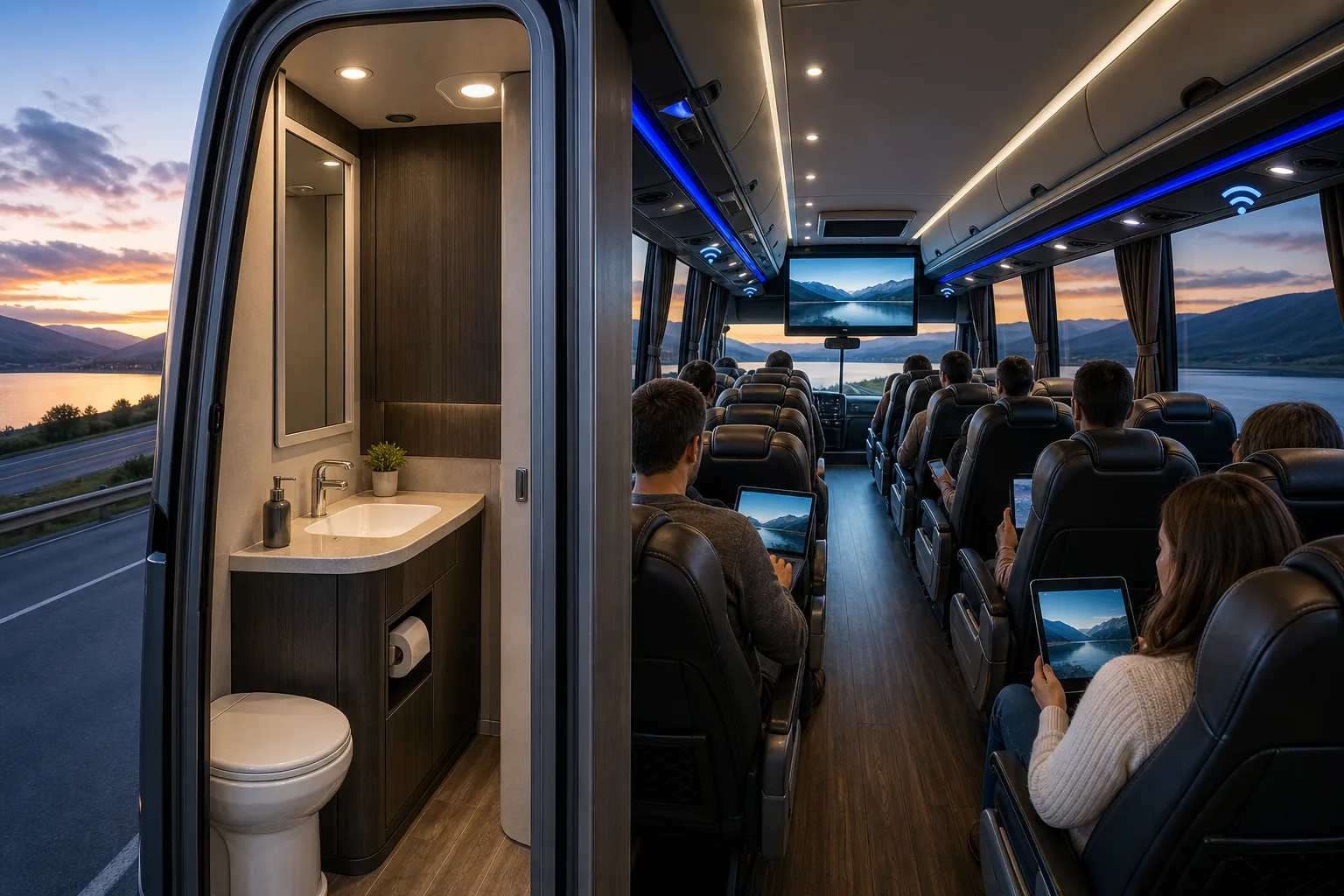 Illustration for Bathroom-Equipped Coaches With Entertainment and Wi-Fi