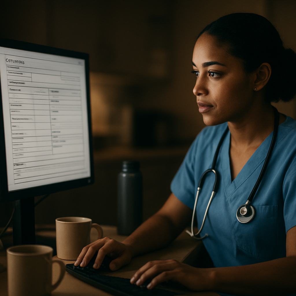 A nurse at a station with a neatly organized charting template displayed on a monitor, surrounded by coffee mugs and a water bottle. Alt: Nurse using charting template to improve workflow