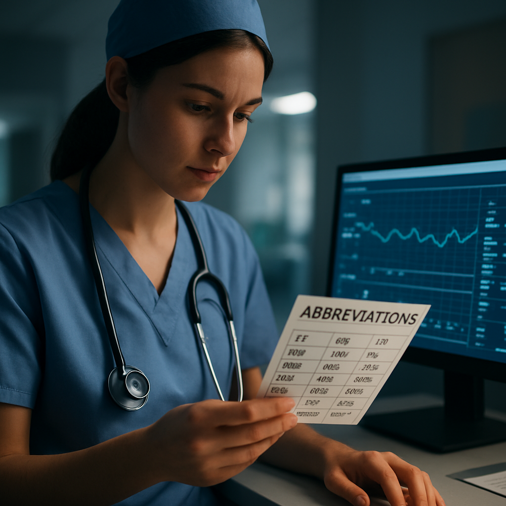 A nurse at a station using a quick‑reference card of abbreviations, with a monitor displaying a chart. Alt: Nurse using abbreviation cheat sheet to improve charting efficiency.
