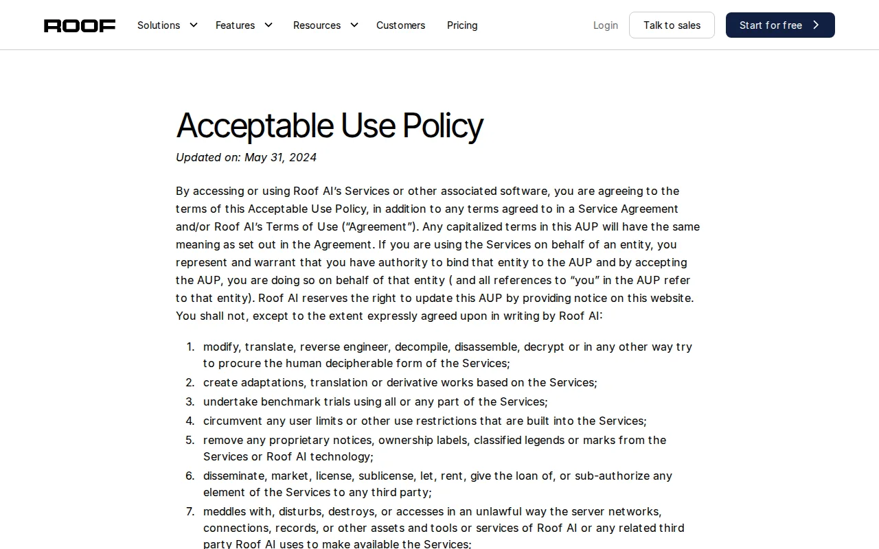 Screenshot of the Roof AI website