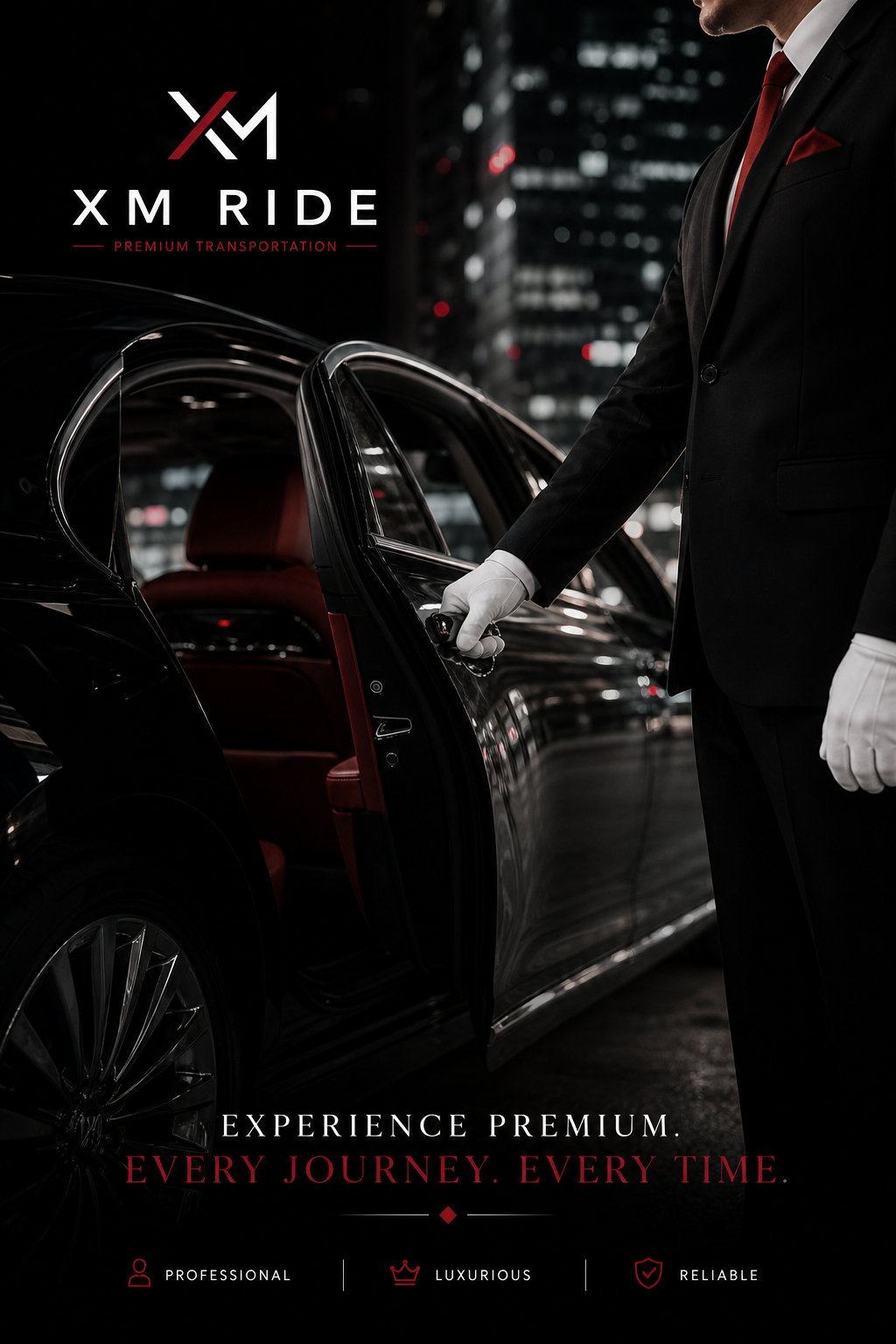 A cinematic close‑up of a luxury car door being opened by a poised chauffeur, city lights in the background. Alt: Luxury chauffeur opening car door at night