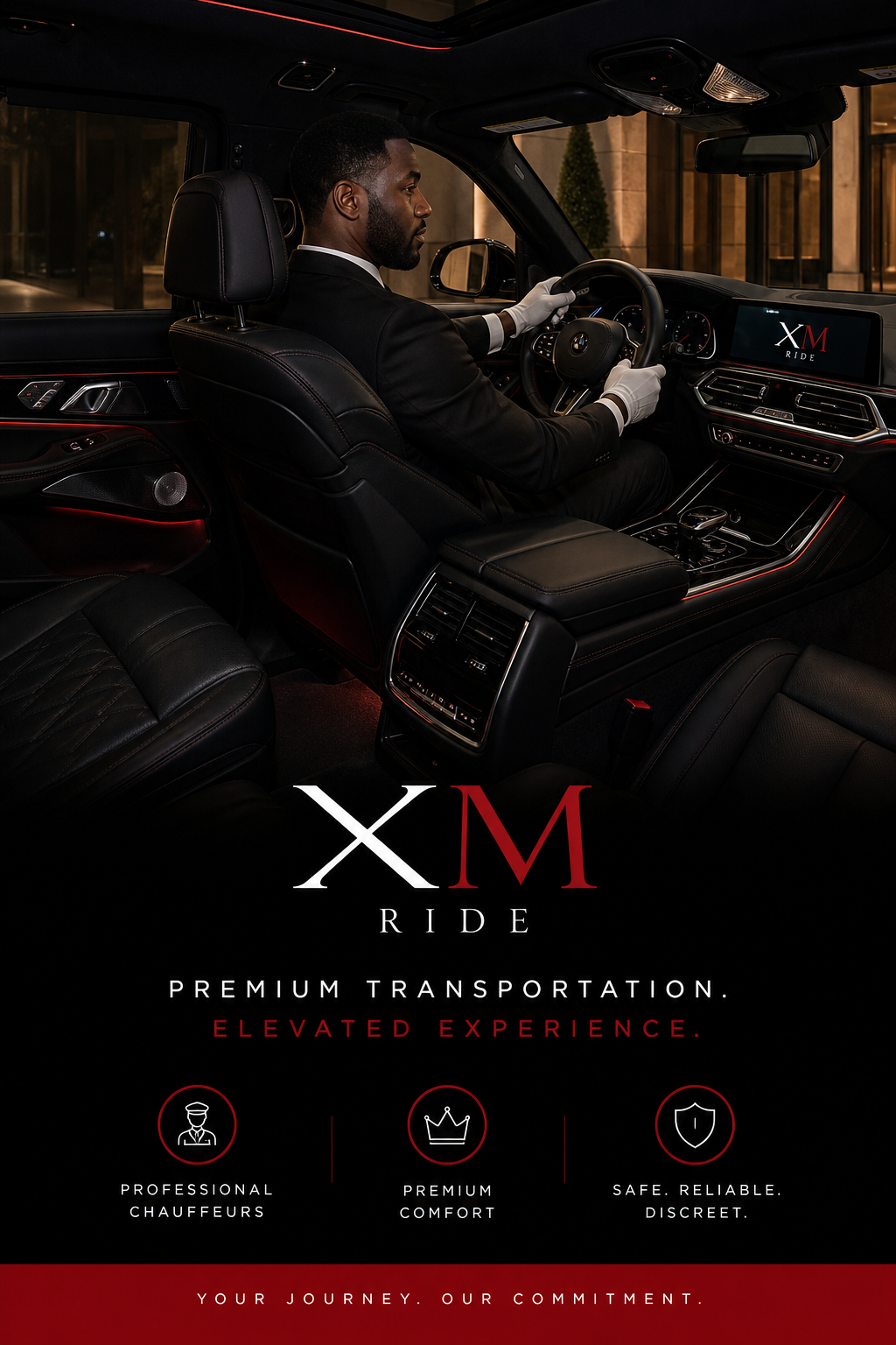 Interior shot of a premium SUV with plush seating, ambient lighting, and a driver ready to roll. Alt: Luxury SUV interior with driver