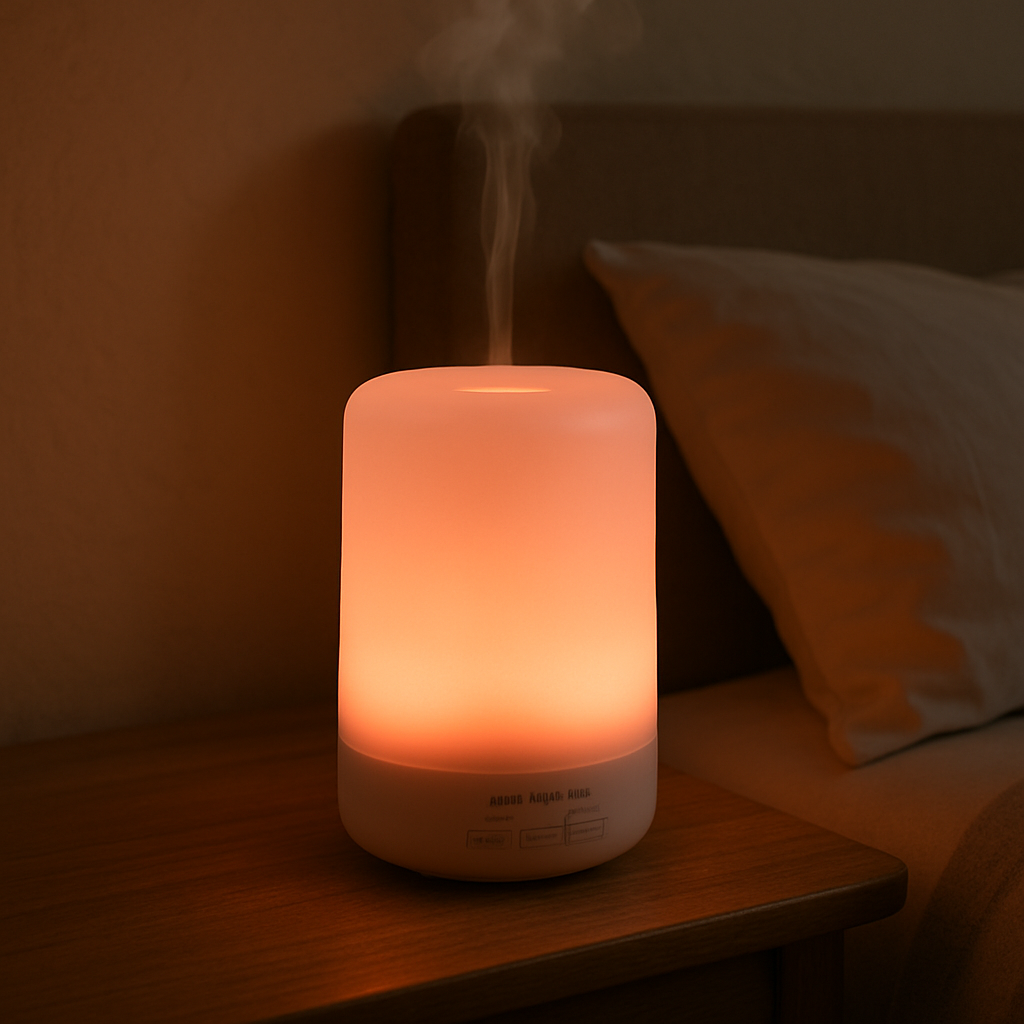 A cheap light-up aromatherapy diffuser casting a soft colored glow on a cozy bedroom nightstand. Alt: cheap aromatherapy diffuser with LED light for mood setting