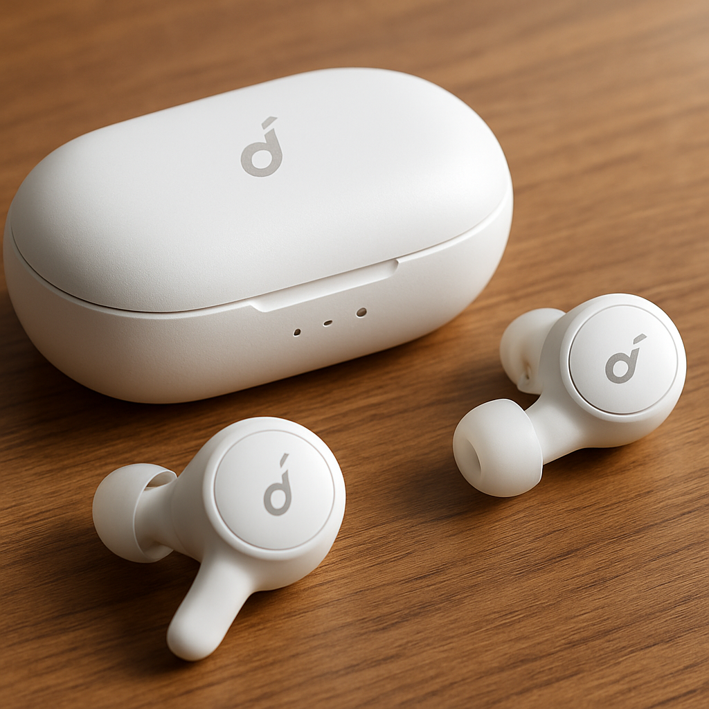 A close‑up of the Anker Soundcore Life Dot 2 earbuds resting on a wooden desk, showing the sleek white design and charging case. Alt: Anker Soundcore Life Dot 2 cheap bluetooth earbuds with case.