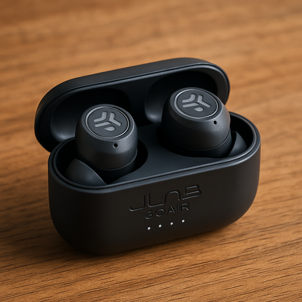 A close‑up of JLab Go Air earbuds in a tiny charging case on a wooden desk, showing the compact size and silicone tips. Alt: JLab Go Air compact cheap bluetooth earbuds