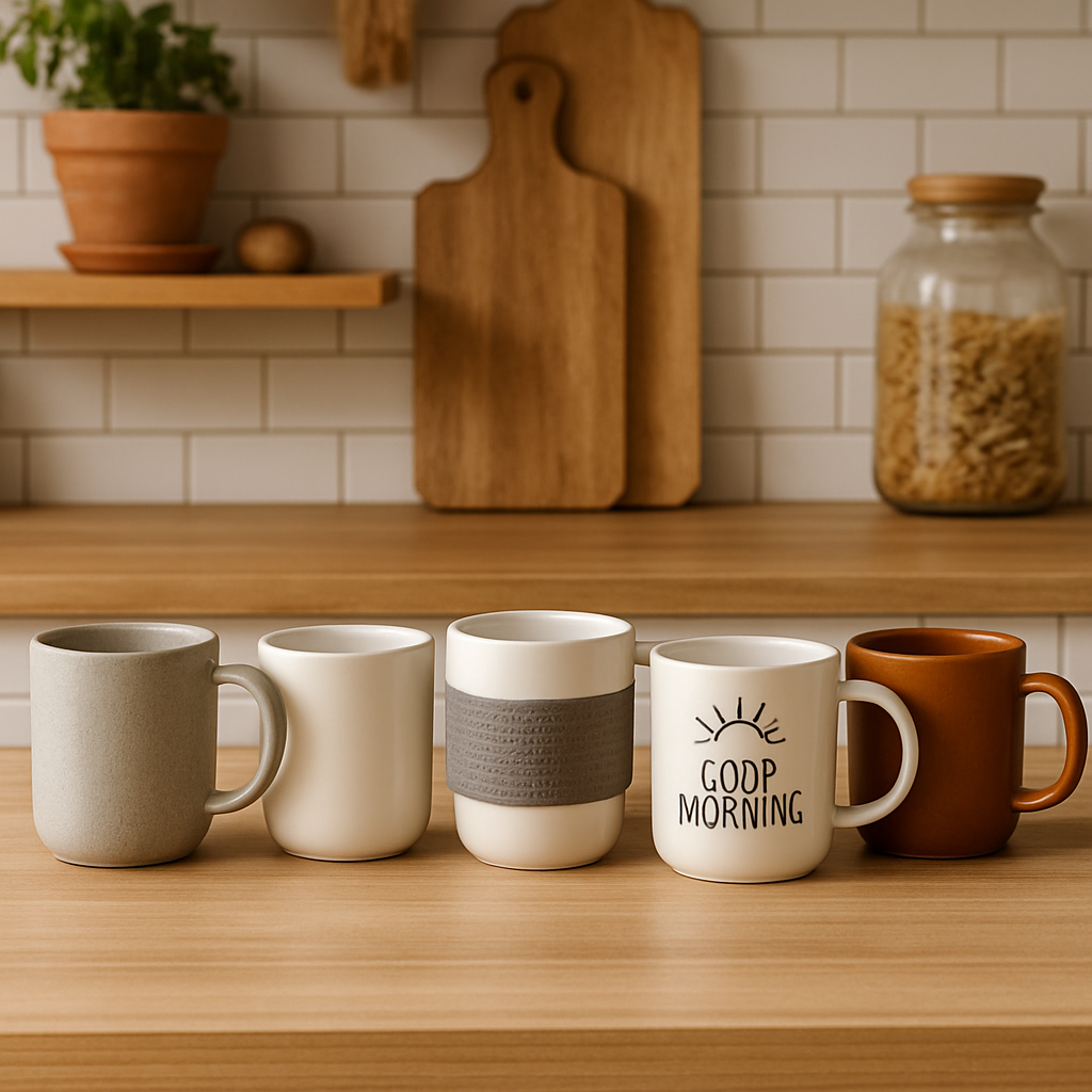 A cozy kitchen countertop featuring a lineup of five inexpensive yet sturdy ceramic mugs, each with distinct textures like matte stoneware, glossy glaze, silicone grip, and a custom printed design. Alt: durable cheap ceramic coffee mug options displayed together