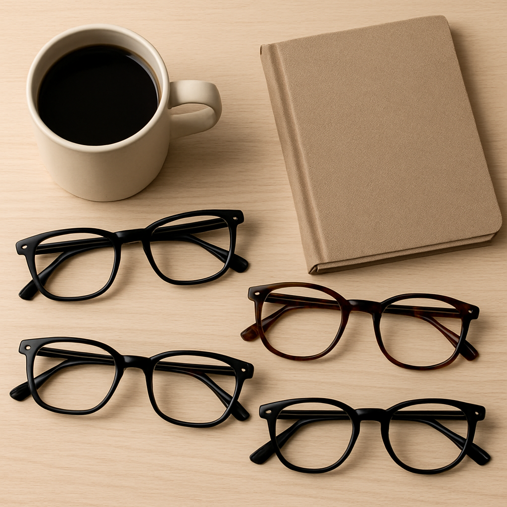 A stylish flat lay of affordable designer eyeglasses beside a coffee mug and a notebook. Alt: cheap designer eyeglasses online showcase stylish budget frames.