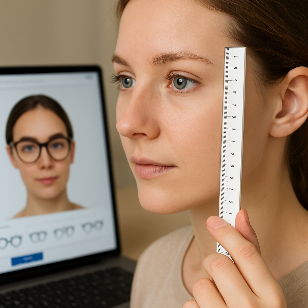 A close‑up of a person holding a ruler to their face while a laptop shows a virtual try‑on of designer eyeglasses. Alt: Person measuring face for perfect eyeglass fit using online tools.