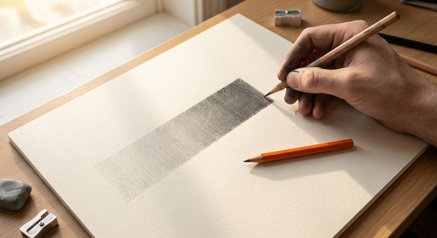A realistic scene of a tidy artist’s desk with a labeled resealable bag holding a small collection of graphite pencils, a kneaded eraser, and a blending stump. Alt: building a budget-friendly pencil set.