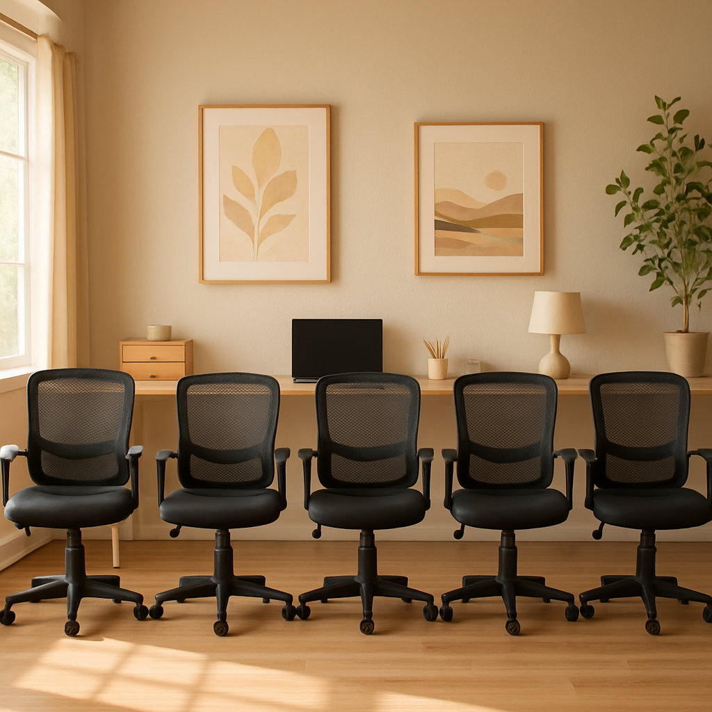 A modern home office scene featuring five budget mesh chairs side by side, each with a subtle lumbar support curve, under warm natural lighting. Alt: cheap ergonomic mesh office chair with lumbar support under $100