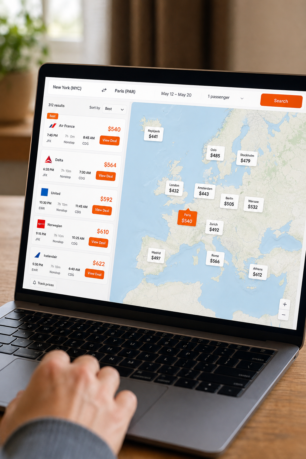A photorealistic image prompt for a fare comparison search results, with a map of Europe and flight prices visible on a laptop screen. Alt: fare comparison search results