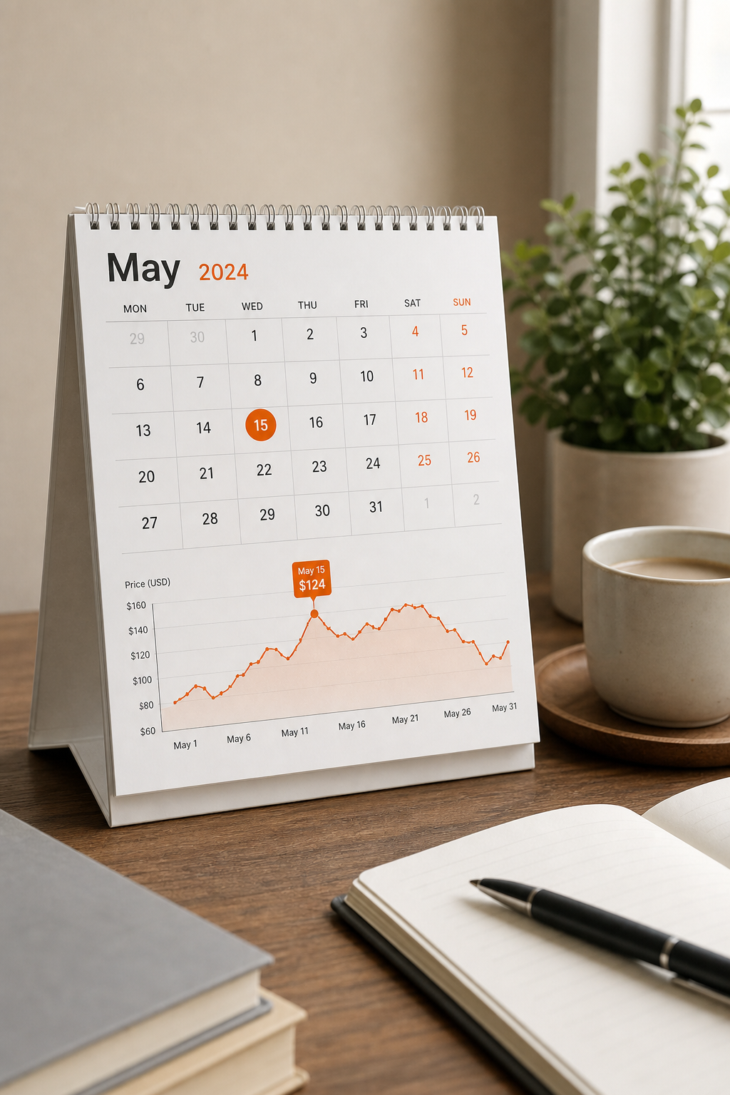 A photorealistic image prompt for a calendar and price graph with dates and prices overlay. Alt: calendar view with price graph