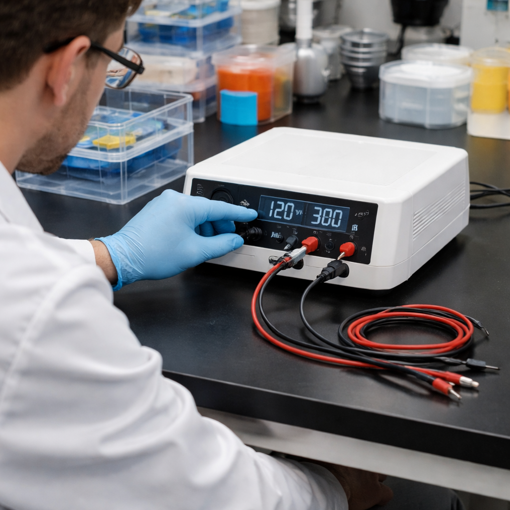 A realistic lab bench showing a technician checking a gel electrophoresis power supply, looking at a display, with banana plug leads nearby. Alt: technician diagnosing power supply issue on bench
