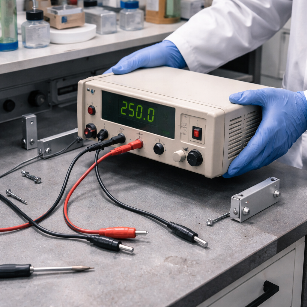 A realistic illustration of a lab bench with a technician removing an old electrophoresis power supply, showing unscrewed brackets and unplugged banana plug leads. Alt: technician removing old power supply from bench