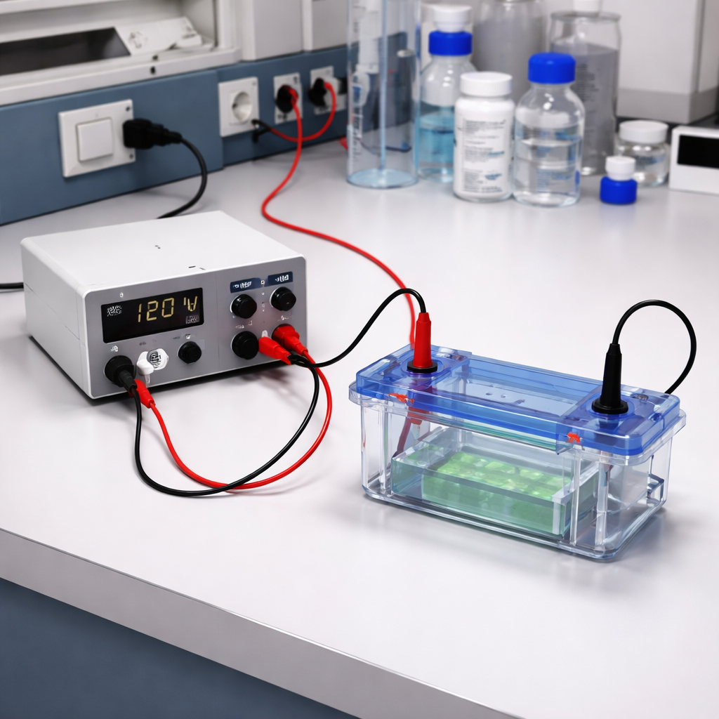 A realistic lab bench with a compact power supply unit, banana plug leads, and a gel tank, showing safe setup practices. Alt: safe setup of cheap gel electrophoresis power supply unit
