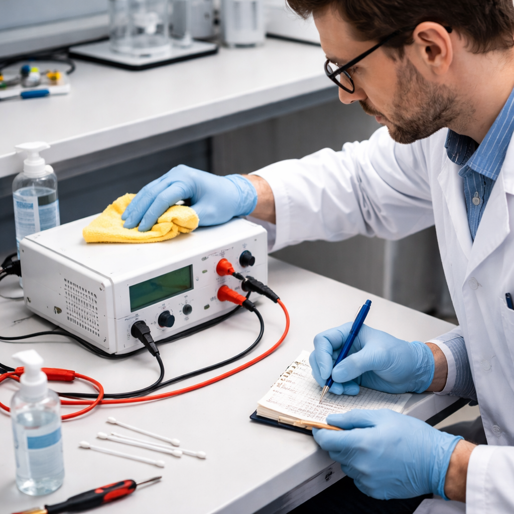 A realistic illustration of a lab technician cleaning a power supply unit, checking leads, and noting maintenance steps. Alt: maintenance of cheap gel electrophoresis power supply unit