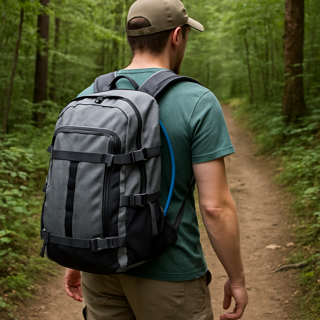 A hiker wearing a cheap hiking backpack on a forest trail, showing the pack’s side compression straps and hydration sleeve. Alt: cheap hiking backpack with feature‑rich design on a trail.
