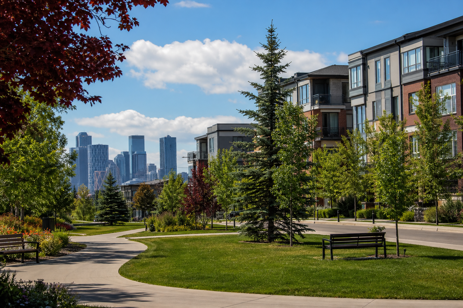 A realistic street view of West Calgary showing mature trees, a park, and mixed‑use housing, alt: "West Calgary affordable neighbourhoods"