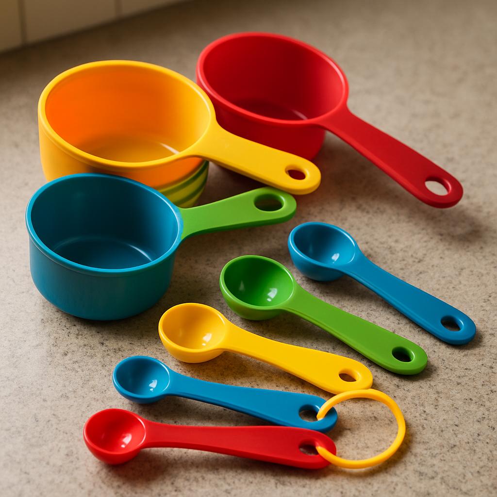 A set of colorful plastic measuring cups and spoons spilling onto a kitchen counter, showing budget-friendly measuring tools. Alt: Inexpensive measuring sets for cheap kitchen utensil set.