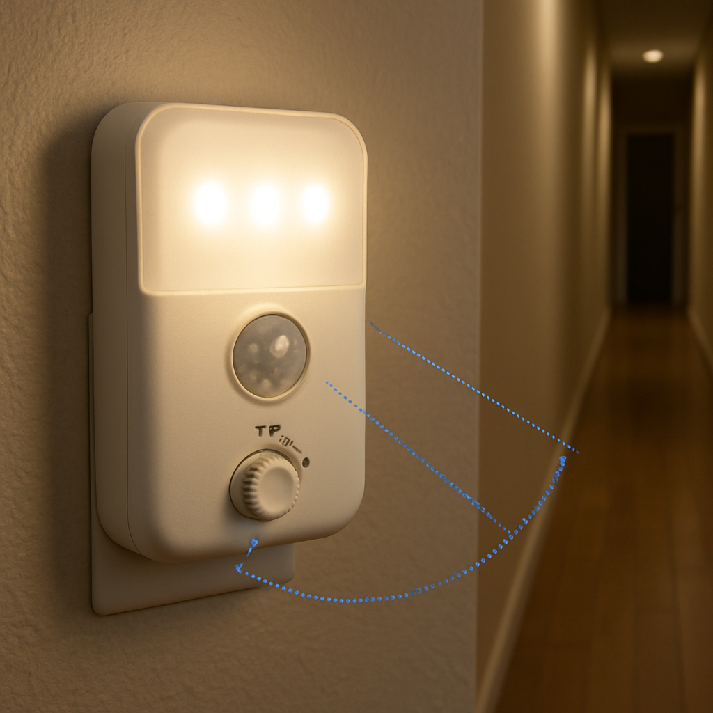 A cheap LED motion sensor night light installed in a hallway, showing sensor angle and timer dial. Alt: cheap led motion sensor night lights energy efficient settings