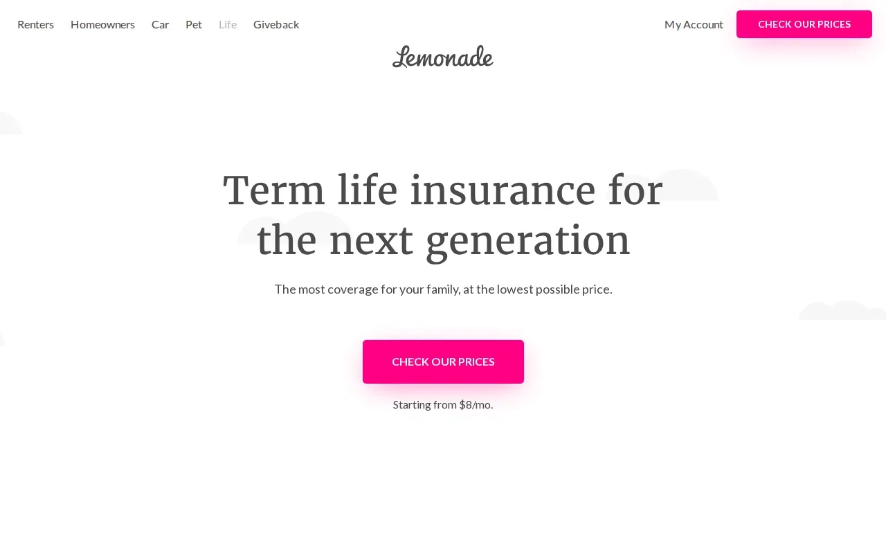 Screenshot of the Lemonade Term Life Insurance website