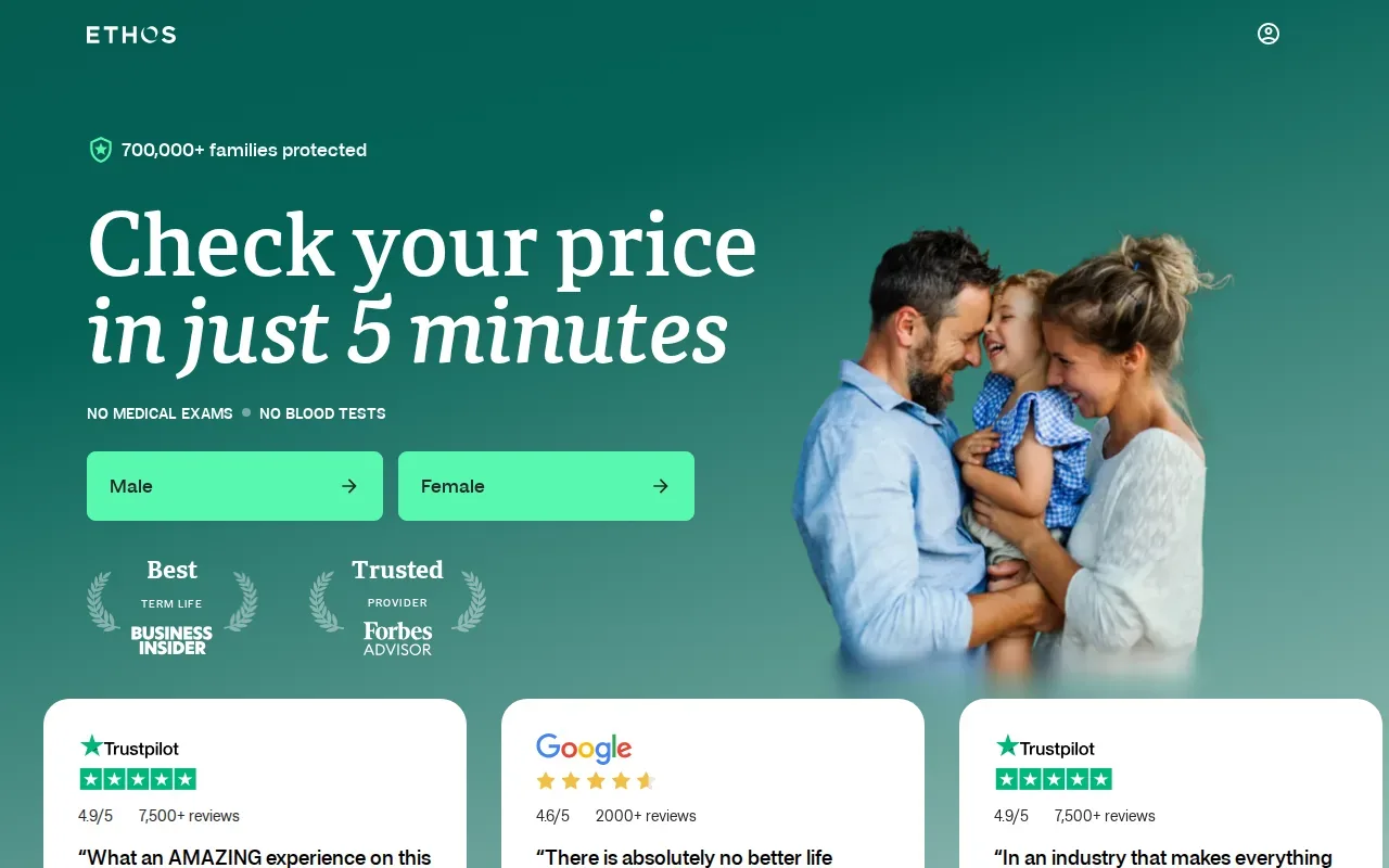 Screenshot of the Ethos Term Life Insurance website