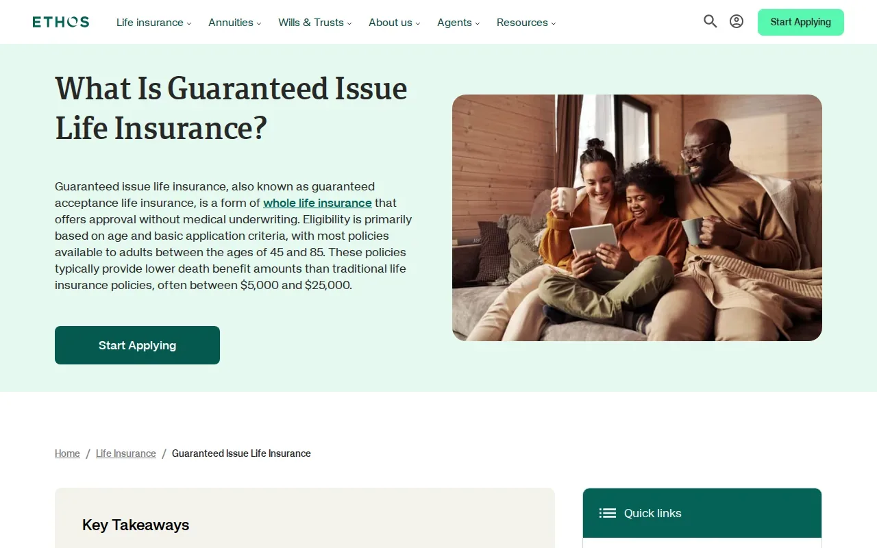 Screenshot of the Ethos Guaranteed Acceptance Whole Life website